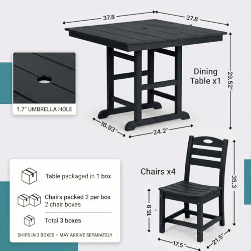 5 PCS Outdoor Dining Set, Weather Resistant HDPE 37.8" Square Patio Table and Chairs Patio Furniture Sets with 1.7" Umbrella Hole for Garden, Backyard, Yard, Pool, Balcony, Black - color: 37.8" Outdoor Dining Set of 5, Black