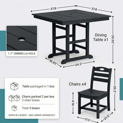 5 PCS Outdoor Dining Set, Weather Resistant HDPE 37.8" Square Patio Table and Chairs Patio Furniture Sets with 1.7" Umbrella Hole for Garden, Backyard, Yard, Pool, Balcony, Black - color: 37.8" Outdoor Dining Set of 5, Black