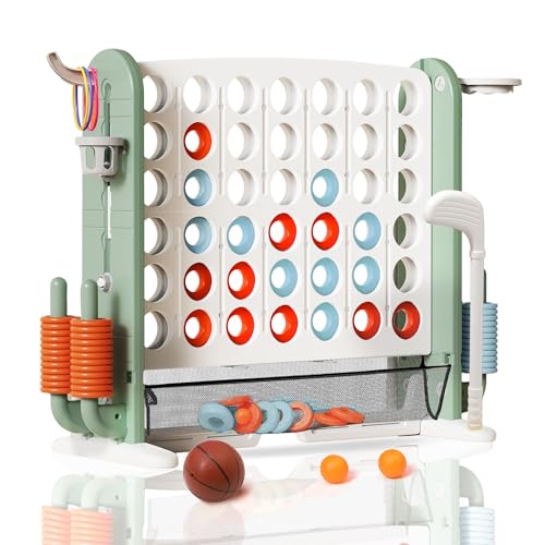 Wdmiya Giant 4 Outdoor Game Set, 4-in-1 Height Adjustable Jumbo 4-in-a-Row Game with Ring Toss, Basketball Hoop & Golf, Backyard Games for Kids & Adults, Includes Mesh Pocket (Upgrade Green) - color: Upgrade Green