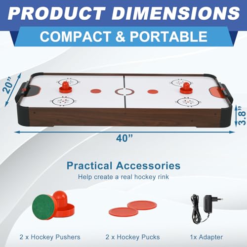 40in Tabletop Air Hockey Table, Portable Arcade Game Table for Kids and Adult, Indoor Game Table w/ 2 Pucks, 2 Pushers, Electronic Motor Fans for Game Room、Family Recreation (Dark Woodgrain)