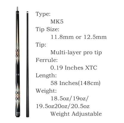 Carbon Fiber Pool Cue,11.8mm/12.5mm Low Deflection Cue Stick,Professional Pool Stick with Case - color: MK5+Extension, size: 11.8mm