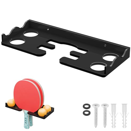 Cosmos Table Tennis Paddle Holder Ping Pong Paddle Wall Mount Shelf Rack Ping Pong Racket Display Stand Holding 2 Pcs Paddles and 4 Balls for Storing in Recreation Room Game Court - color: Solid Black