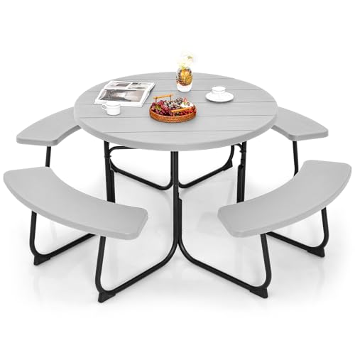Giantex Picnic Table Set for Up to 8 Persons, Round Outdoor Table and Bench Set with Umbrella Hole, HDPE Top & Metal Frame, 2000LBS Capacity, Patio Table Bench for Deck Backyard Garden (Gray) - color: Grey, size: Round-43"x43"x30"