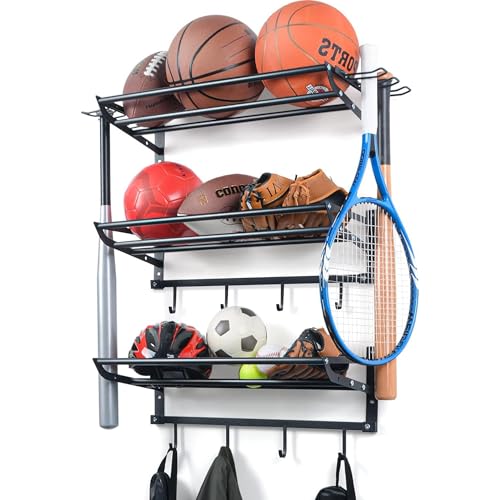 Garage Sports Equipment Organizer Wall Mount - 3 Shelves Ball Rack Organizer and 4 S-Hooks for Easy Installation and Storage of Balls in Garages or Gyms Matte Black
