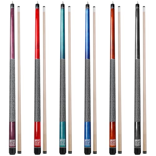Pool Cues Set of 6, 58" 2-Piece Billiard Stick with Linen Grip & 13mm Tip, Pro Maple Cues in 4 Weights (18-21oz) for Home Bar - color: Purple+Red+Teal+Blue+Brown+Black