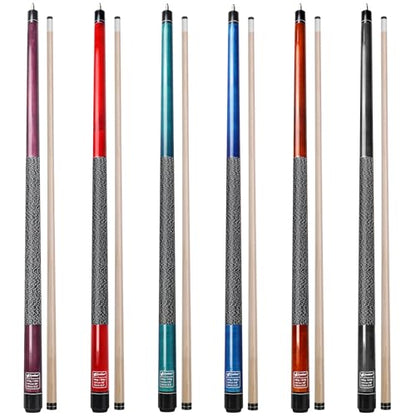 Pool Cues Set of 6, 58" 2-Piece Billiard Stick with Linen Grip & 13mm Tip, Pro Maple Cues in 4 Weights (18-21oz) for Home Bar - color: Purple+Red+Teal+Blue+Brown+Black