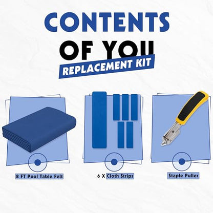Pool Table Felt Replacement Kits for Billiard Cloth with Staple Remover and 6 Pcs Cloth Strips - color: Blue, size: 8FT