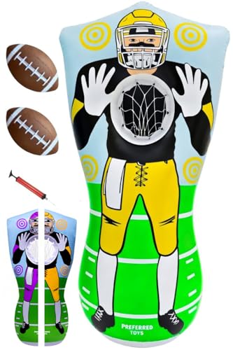 Preferred Toys 65” Inflatable Football Target Net Toss Game - Double-Sided Throwing Practice Football Stuff with Mini Balls - Backyard Tailgate Party Sports Toy for Kids & Adults - color: Yellow/Purple