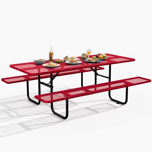72 Inch Heavy Duty Picnic Table for Outdoors, Rectangular Camping Table with Benches and 1.78" Umbrella Hole, Commercial Grade Steel Frame, 2200 lbs Load Capacity, Red - color: Red, size: Rectangular