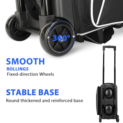 Goloni 3 Ball Bowling Bag with Wheels, 2+1 Double Roller Bowling Bag with Shoe Compartment,Tote Bag for Bowling Accessories - color: 2 Ball-Black