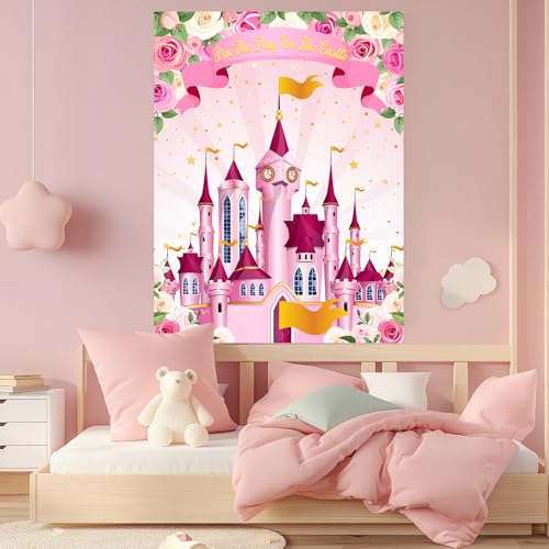 Faccito Princess Party Games Pin The Flag on The Castle Birthday Pin Games Set Include Pink Castle Poster 24 Flag Stickers 2 Blindfolds for Princess Birthday Tea Party Decorations Activities Supplies - style: Princess