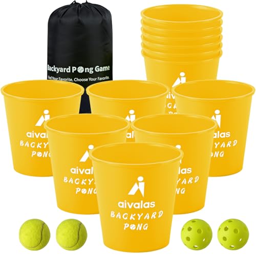 Aivalas Yard Pong Outdoor Games, Giant Yard Games Set with 12 Buckets and Balls for Adults and Family, Toss Game Throwing Games for Beach, Camping, Lawn and Backyard - color: Yellow