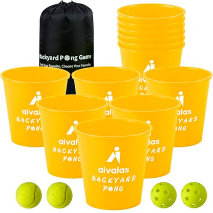 Aivalas Yard Pong Outdoor Games, Giant Yard Games Set with 12 Buckets and Balls for Adults and Family, Toss Game Throwing Games for Beach, Camping, Lawn and Backyard - color: Yellow