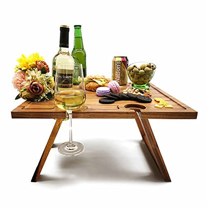 SASIDO Portable Wine Picnic Table, Acacia Wood, Larger Tray Foldable, Charcuterie Board, Wine Gift, Decor for Romantic Camping, Engagement Party, Concerts, Glamping, Winter Adventure