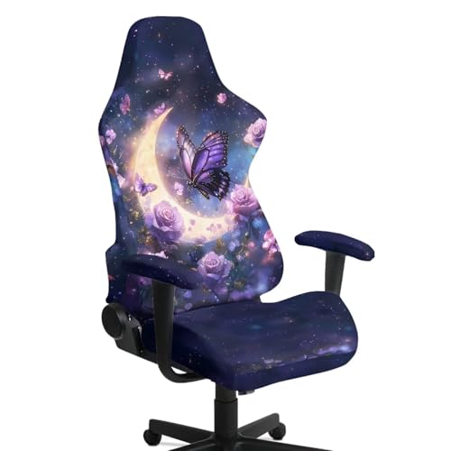 Suobstales Galaxy Butterfly Moon Rose Flower Pattern Gaming Chair Cover Set, Stretchable Game Chair Slipcovers with 2 Armrest Covers, Scratch-Proof Gamer Desk Chair Covers for Computer Office Seat - color: Galaxy Butterfly Moon Rose Flower