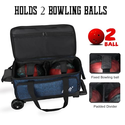 WOLT Double Roller 2 Ball Bowling Bag with Separate Shoe Compartment, Large Capacity Bowling Ball Bag with Accessory Pocket, Retractable Handle Extends to 40" - color: HealthBlue