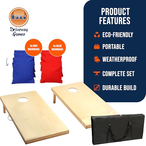 Driveway Games Traditional Wood Cornhole Game, Regulation-Sized 4' x 2' Cornhole Game Set with All-Weather Bean Bags, Includes Foldable Legs and Storage Bag
