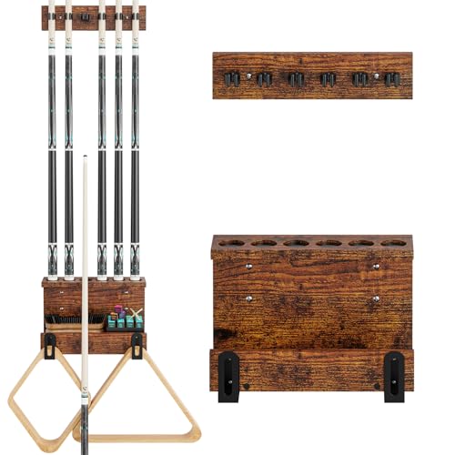 Wall Mount Pool Cue Holder – Hardwood Billiards Cue Rack for 6 Sticks, Pool Stick Wall Mount Storage Organizer, Pool Table Accessories for Wall, Billiard Stick Holder for Game Room Décor, Brown - color: Brown