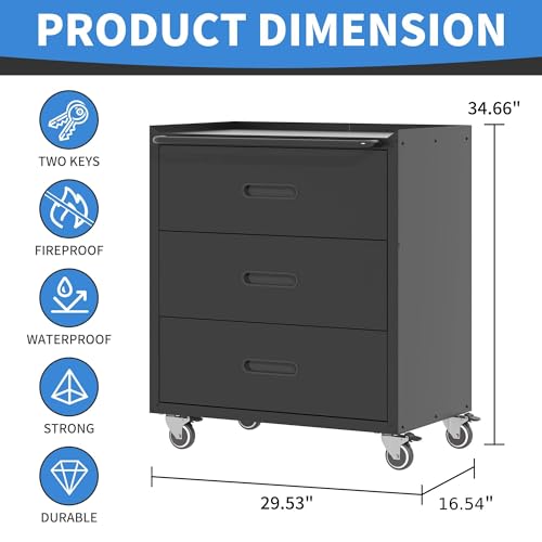 Metal Storage Cabinet with Wheels, Garage Storage Cabinet with 3 Drawers, Rolling Tool Cabinet, Assembly Required, Black - color: Black, style: 3 Drawers