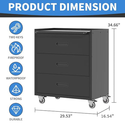 Metal Storage Cabinet with Wheels, Garage Storage Cabinet with 3 Drawers, Rolling Tool Cabinet, Assembly Required, Black - color: Black, style: 3 Drawers
