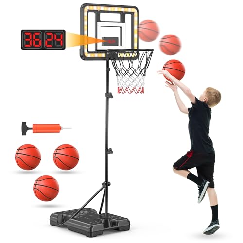 Kids Indoor Basketball Hoop with Scoreboard & Timer,Toddler Adjustable Height Basketball Goal Toy for Outdoor Backyard,Sports Game Play - style: Stand