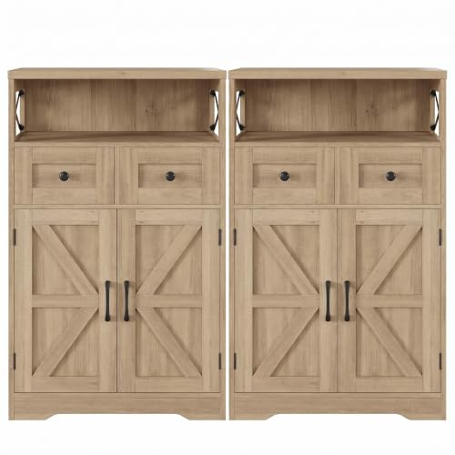 Natural Wood Farmhouse Storage Cabinet Set of 2, Small Kitchen Pantry Cabinet with Drawers and Adjustable Shelves, Sideboard Buffet Coffee Bar Cabinet for Living Room/Dining Room/Bathroom/Home Office - color: Natural, size: 2 Pack