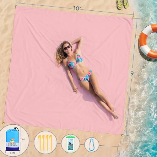 BYDOLL Beach Blanket Waterproof Sandproof Large Sand Free,78''X81''/10'X9' Oversized Sandless Lightweight Blanket Picnic Mat for Beach Travel Camping Hiking with Stakes - color: Pink, size: 10'X9'