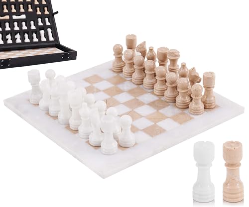 Marble Chess Set 12" Inches White and Verona with Storage Box and 2 Extra Queen Handmade Luxury Board Games for Adults, Ideal Chess Board Game & Marble Chess Set for Adults - color: White & Verona