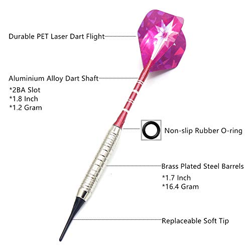 Soft Tip Darts Set for Electronic Dart Board 18/22g Plastic Tip Darts Set with Brass Barrels&Aluminum Shafts, 6 Flights 3 Spare Plastic Dart Shaft 20 Soft Tips Portable Case (18g-Silver&Pink)