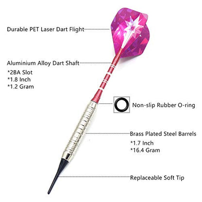 Soft Tip Darts Set for Electronic Dart Board 18/22g Plastic Tip Darts Set with Brass Barrels&Aluminum Shafts, 6 Flights 3 Spare Plastic Dart Shaft 20 Soft Tips Portable Case (18g-Silver&Pink)