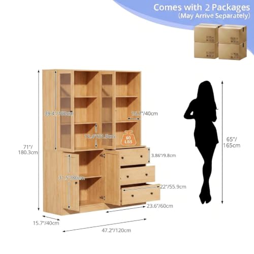 TUSY 71" H Bookshelf with Storage, 6-Tier Modern Bookshelves with 3 Large Drawer, Display Bookcase with Glass Doors, Modern 5-Tier Curio Cabinet for Home Office, Dining Room (Wood, AB) - color: Wood