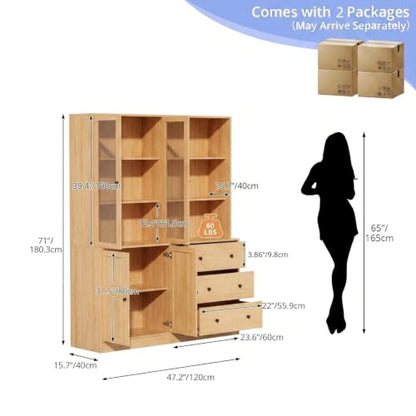 TUSY 71" H Bookshelf with Storage, 6-Tier Modern Bookshelves with 3 Large Drawer, Display Bookcase with Glass Doors, Modern 5-Tier Curio Cabinet for Home Office, Dining Room (Wood, AB) - color: Wood