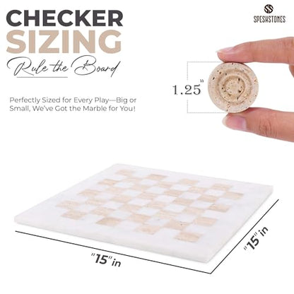 Marble Checkers Set 15 Inches Handmade White and Travertine Checkers Board Game with Checker Pieces - Board Games for Adults, Game Table Accessories, Gifts & Home Décor