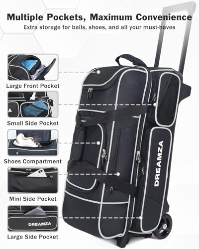 3 Ball Bowling Bags with Wheels & Shoe Pocket, Premium Bowling Ball Bag 3 Ball Roller, Effortless-Rolling 3 Ball Bowling Bag w/Multi-Storage Pockets & Telescopic Handle Extends to 40'' - color: Black