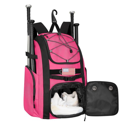 Goloni Baseball Bag, 60L Capacity Softball bag Holds 4 Bats for Youth & Adult, Baseball Bat Backpack with Shoes Compartment,Helmet Holder,Fence for Hook T-Ball, Softball Equipment, Baseball Gear - color: Pink