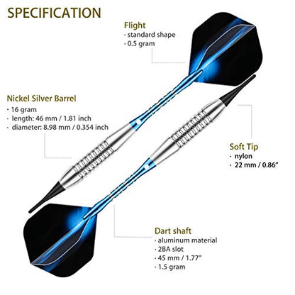 Darts Plastic Tip Set - 18g 21g Colorful Rainbow Soft Tip Darts 50 Anti-Loose O-Rings 6 Shaft (Aluminum/Nylon 45mm) 6 Durable Flights Extra 50 Soft Tips Electronic Dartboard - color: Blue-DARTB