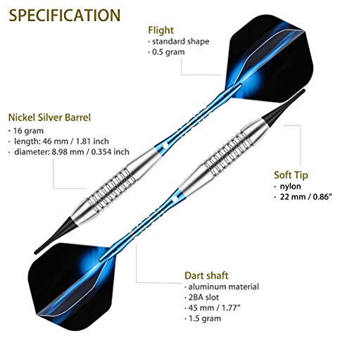 Darts Plastic Tip Set - 18g 21g Colorful Rainbow Soft Tip Darts 50 Anti-Loose O-Rings 6 Shaft (Aluminum/Nylon 45mm) 6 Durable Flights Extra 50 Soft Tips Electronic Dartboard - color: Blue-DARTB