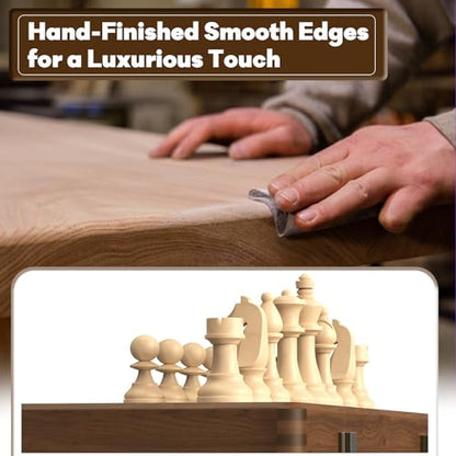 Premium Natural Walnut 15" Magnetic Wooden Folding Chess & Checkers Set- 2 in 1 Board Game with 3" King Staunton Pieces and 2 Extra Queens, Checkers, and Dust-Proof Storage Bag (Red) - color: Red