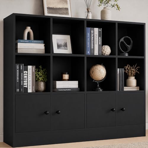 Cozy Castle Black Wood Bookcase, 12 Cube Display Shelf with 4 Doors, 3 Tier Open Bookshelf with Adjustable Shelves for Living Room, Home Office, Entryway - color: Black