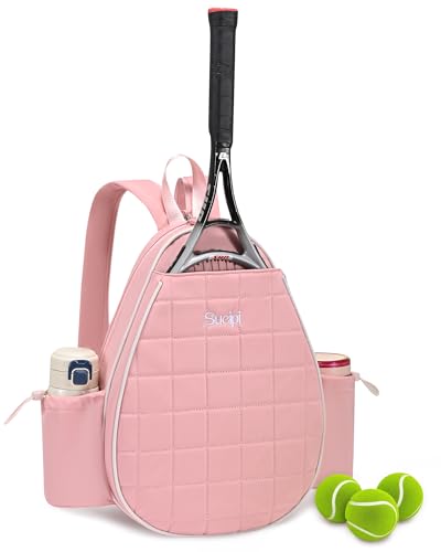 Sucipi Tennis Bag, Quilted Tennis Sling Crossbody Backpack, Water Resistant Tennis Racket Bags for Women Men, Suitable for Pickleball Tennis Badminton - color: Light Pink with square grid quilted, size: Medium