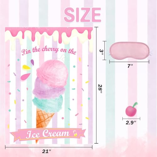 WERNNSAI Pin The Cherry on The Ice Cream Game -Birthday Party Games Ice Cream Party Decorations 28'' x 21'' Poster with 24 PCS Cherry Stickers for Kids Girls Birthday Carnival Supplies - style: Ice Cream