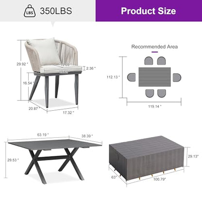 PURPLE LEAF 7 Pieces Patio Dining Set with Waterproof Furniture Cover Rectangular Table and Chairs Set for Garden Deck Aluminum Frame Backyard Kitchen Set, Cushions and Pillows Included Taupe - color: Taupe, size: 7 Pcs, style: with Furniture Cover