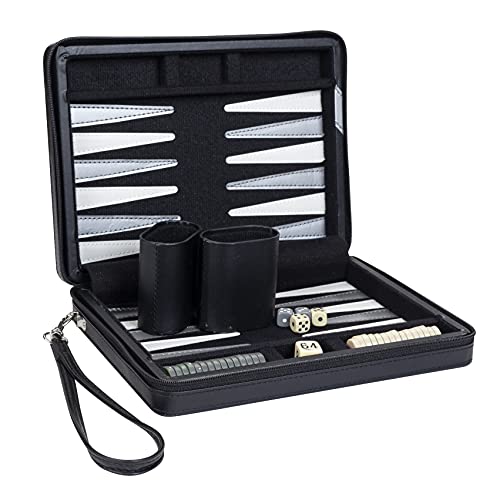 WE Games Backgammon Set, Board Games for Adults - Travel Games - Black with Gray Stripe Magnetic Leatherette Backgammon Board and Carrying Strap - Travel Backgammon Sets for Adults - color: Black With Gray Stripe