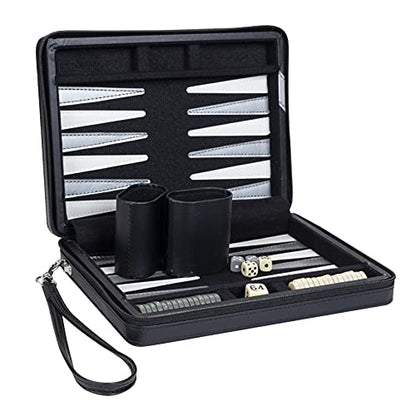 WE Games Backgammon Set, Board Games for Adults - Travel Games - Black with Gray Stripe Magnetic Leatherette Backgammon Board and Carrying Strap - Travel Backgammon Sets for Adults - color: Black With Gray Stripe
