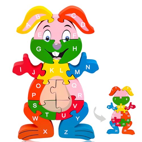 LovesTown Wooden Puzzles for Kids, Double Sided Rabbit Jigsaw with Alphabet & Numbers, Montessori Educational Toy for Toddlers, Chunky Animal Gift - size: Medium, style: Rabbit