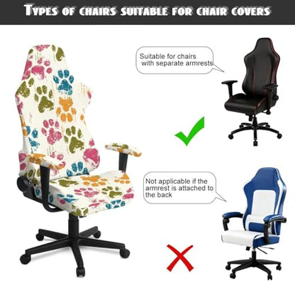 Dog Paw Print Gaming Chair Covers Slipcovers Skin Friendly Breathable Elastic Computer Desk Chair Cover with Armrest Covers for Ergonomic Game Rotating Office Chairs - color: Beige and Multi - Dog Paw