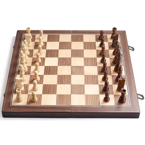 AMEROUS 15'' Magnetic Wooden Chess Set for Adults Kids - with Folding Board, Gift Package, Pieces Storage Slots, Handmade Pieces,Chess Board Game Set for Tournament Professional Beginner - size: 15 inches