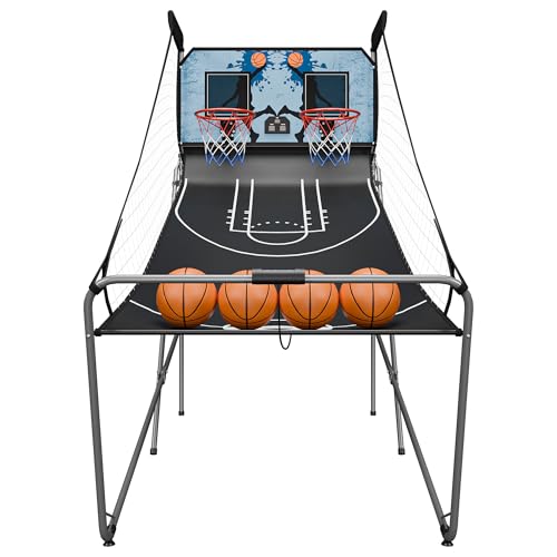 Foldable Indoor Basketball Arcade Game with Electronic Scoreboard 4 Balls and Pump, Double Shot Electronic Sport Game for Two Players