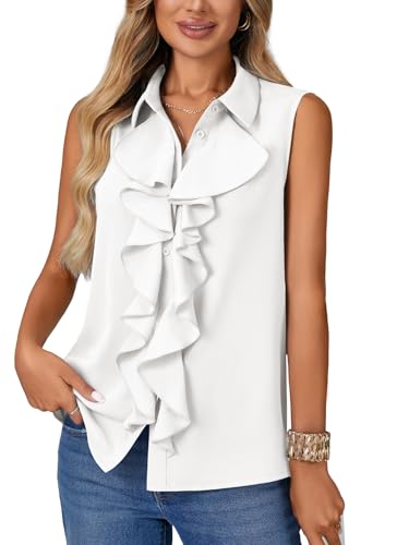 Vrtige Women's Summer Tank Top Button Down Ruffle Front Collar Neck Sleeveless Blouse Shirt Top - color: White, size: X-Large