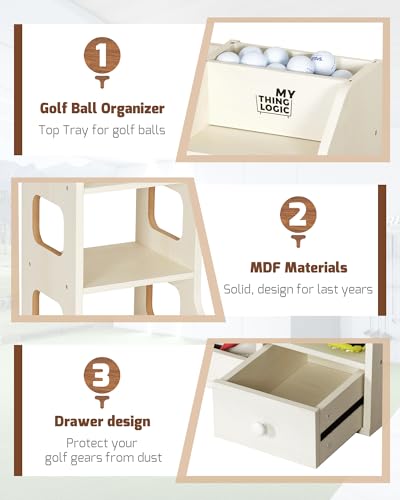 Mythinglogic Wooden Golf Bag Storage Rack, Golf Organizer with Shoe Shelves, Ball Holder & Drawer, MDF Golf Equipment Storage Cabinet for Home, Garage or Simulator Room - size: 1 golf bag rack-White